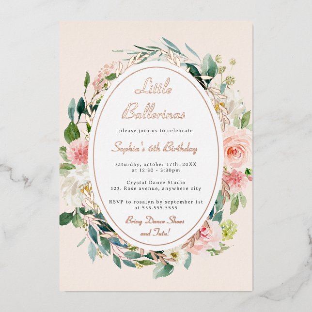 Little Ballerina Kindergeburtstag Rose Gold Floral Folieneinladung (Vorderseite)