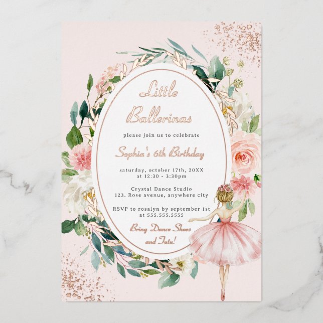 Little Ballerina Rose Gold Floral Kindergeburtstag Folieneinladung (Vorderseite)