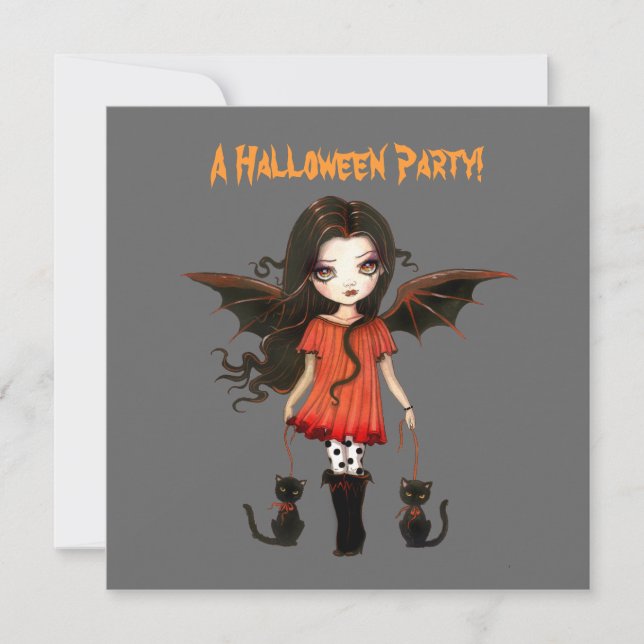 Little Bat Girl Vampire Gothic Cats Halloween Einladung (Vorderseite)