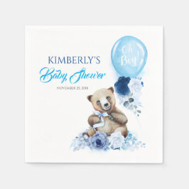 Little Bear and Blue Floral Balloon Baby Shower Serviette