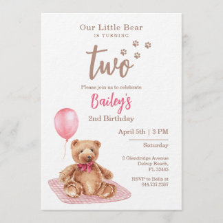 Little Bear Pink Any Age Birthday Invitation Einladung