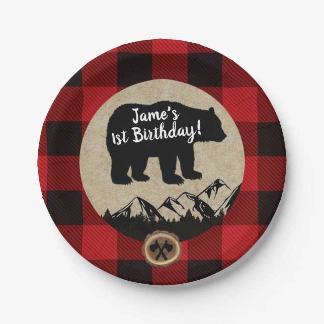 Little Bear Wild One Flannel Lumberjack Geburtstag Pappteller (Vorderseite)