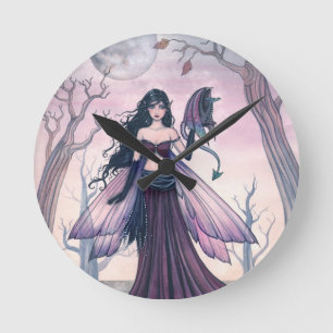 Little Beast Lila Fairy and Dragon Fantasy Art Runde Wanduhr