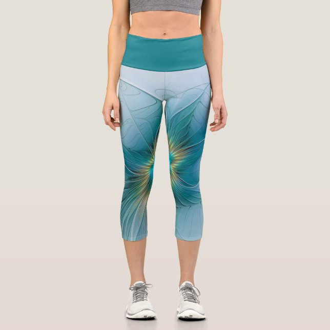 Little Beauty Modern Blue Gold Fraktal Blume Capri Leggings (Vorderseite)
