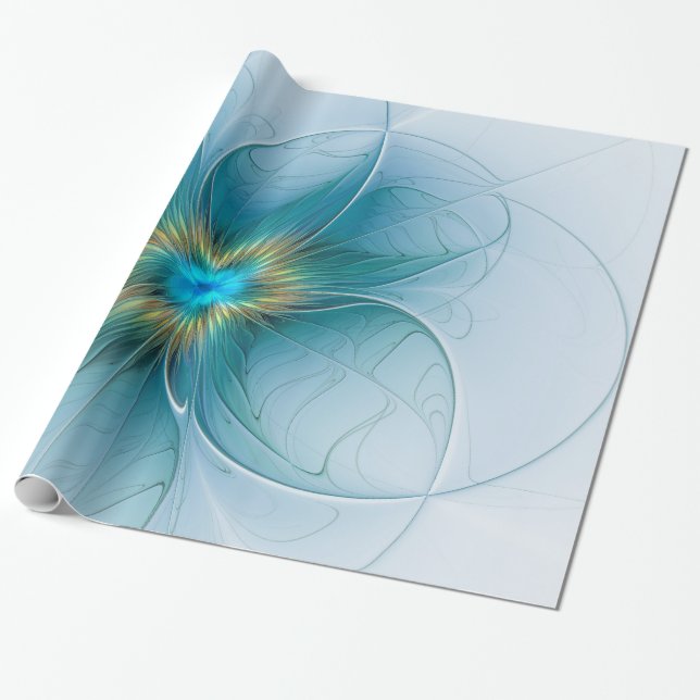 Little Beauty Modern Blue Gold Fraktal Blume Geschenkpapier (Ungerollt)