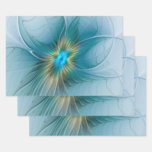 Little Beauty Modern Blue Gold Fraktal Blume Geschenkpapier Set