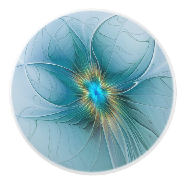 Little Beauty Modern Blue Gold Fraktal Blume Keramikknauf (Vorderseite)