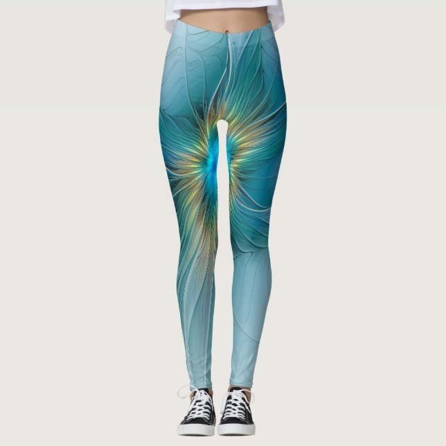 Little Beauty Modern Blue Gold Fraktal Blume Leggings (Vorderseite)