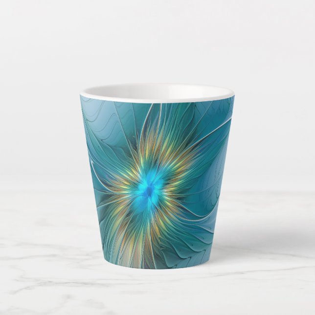 Little Beauty Modern Blue Gold Fraktal Blume Milchtasse (Vorderseite)