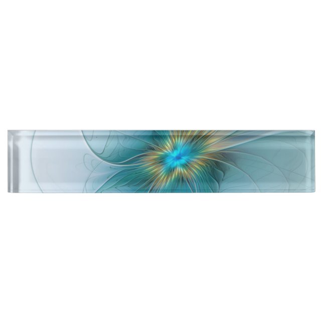Little Beauty Modern Blue Gold Fraktal Blume Namensplakette (Vorderseite)