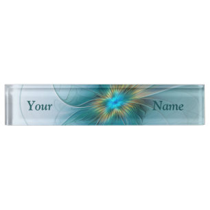 Little Beauty Modern Blue Gold Fraktal Blume Namensplakette