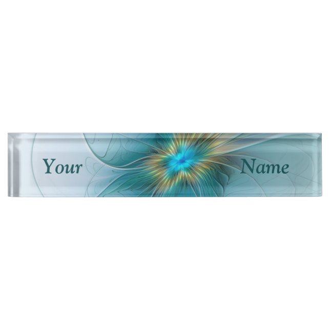 Little Beauty Modern Blue Gold Fraktal Blume Namensplakette (Vorderseite)