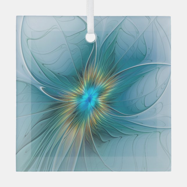 Little Beauty Modern Blue Gold Fraktal Blume Ornament Aus Glas (Vorderseite)