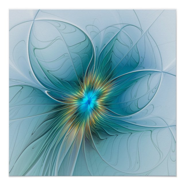 Little Beauty Modern Blue Gold Fraktal Blume Poster (Vorderseite)