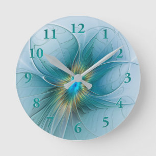 Little Beauty Modern Blue Gold Fraktal Blume Runde Wanduhr