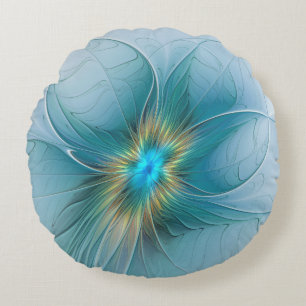 Little Beauty Modern Blue Gold Fraktal Blume Rundes Kissen