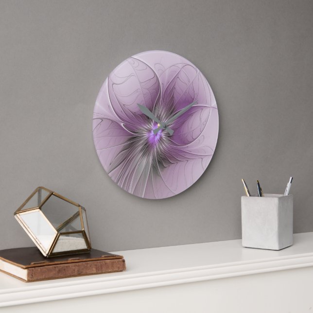Little Beauty Modern Mauve Gray Fraktal Blume Große Wanduhr (Büro)