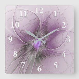 Little Beauty Modern Mauve Gray Fraktal Blume Quadratische Wanduhr