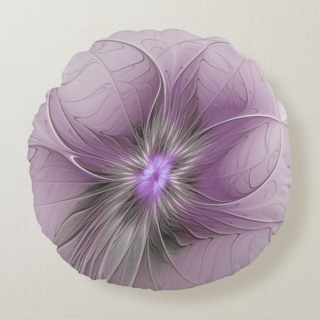Little Beauty Modern Mauve Gray Fraktal Blume Rundes Kissen (Vorderseite)