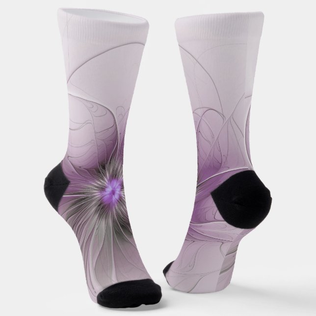 Little Beauty Modern Mauve Gray Fraktal Blume Socken (Gewinkelt)