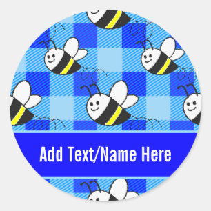 Little Bee Blue Kariert Pattern Individuelle Name Runder Aufkleber