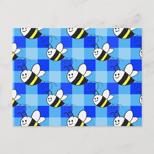 Little Bee Blue Karierte Muster Custom Postkarte (Vorderseite)