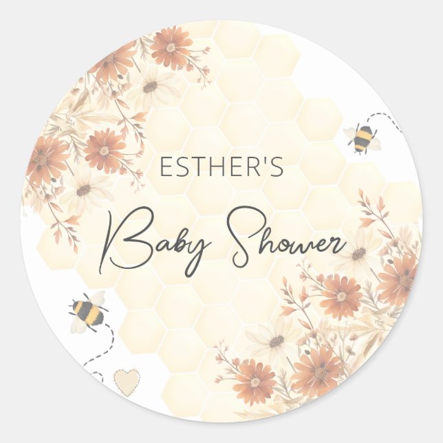 Little Bee Honey Boho Wildblume Baby Shower Runder Aufkleber (Vorderseite)