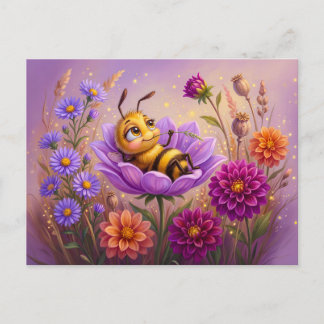 Little bee resting on flower with autumn dahlias postkarte