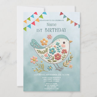 Little Bird Blue Pink Blume Geburtstagsparty Einladung