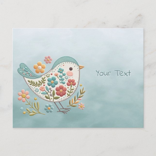 Little Bird Blue Pink Blume Postcard Postkarte (Vorderseite)