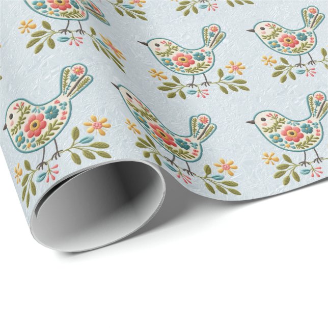 Little Bird Blue Pink Blume Wrapping Paper Geschenkpapier (Rolleneckpunkt)