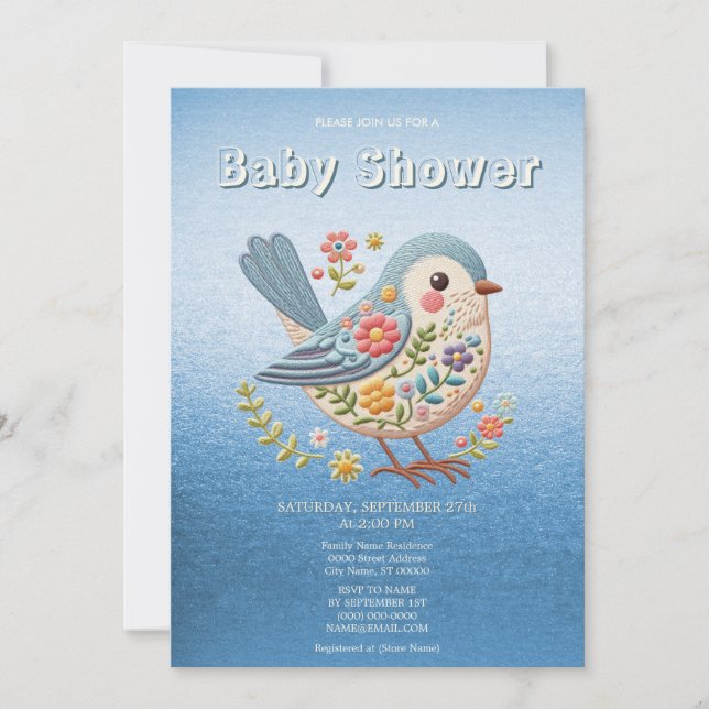 Little Bird Floral Embroidery Blue Baby Shower Inv Einladung (Vorderseite)