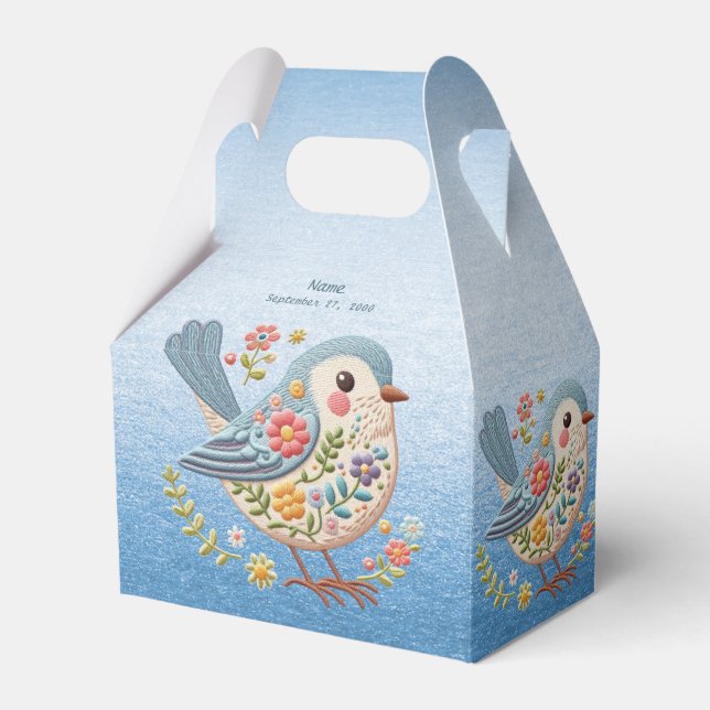 Little Bird Floral Embroidery Blue Favor Box Geschenkschachtel (Vorderseite)