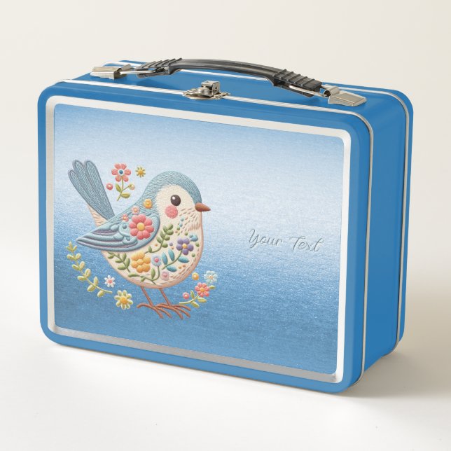 Little Bird Floral Embroidery Blue Metal Lunch Box (Vorderseite)