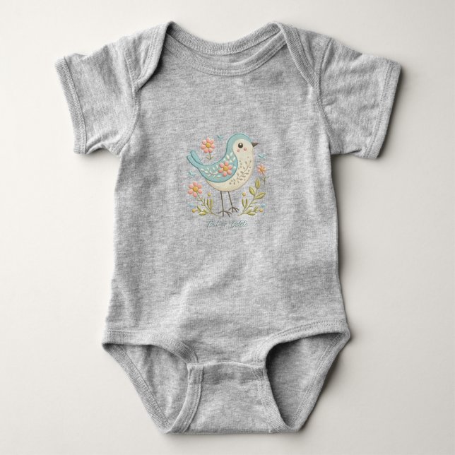 Little Bird Floral Embroidery Green Baby Bodysuit Strampler (Vorderseite)