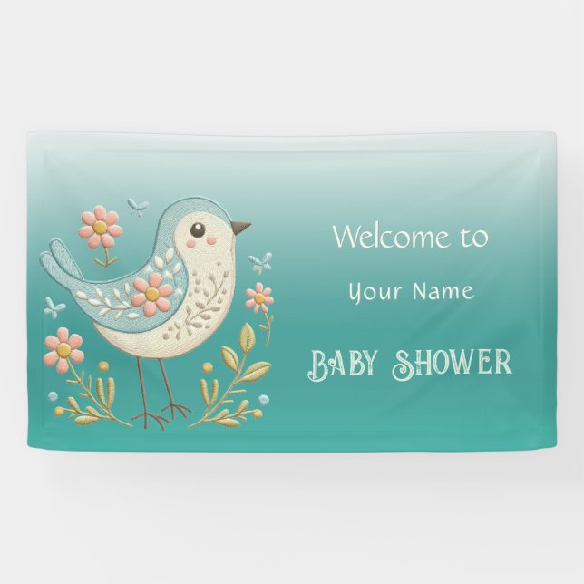 Little Bird Floral Embroidery Green Baby Dusche Banner (Horizontal)