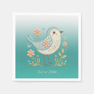 Little Bird Floral Embroidery Green Napkins Serviette