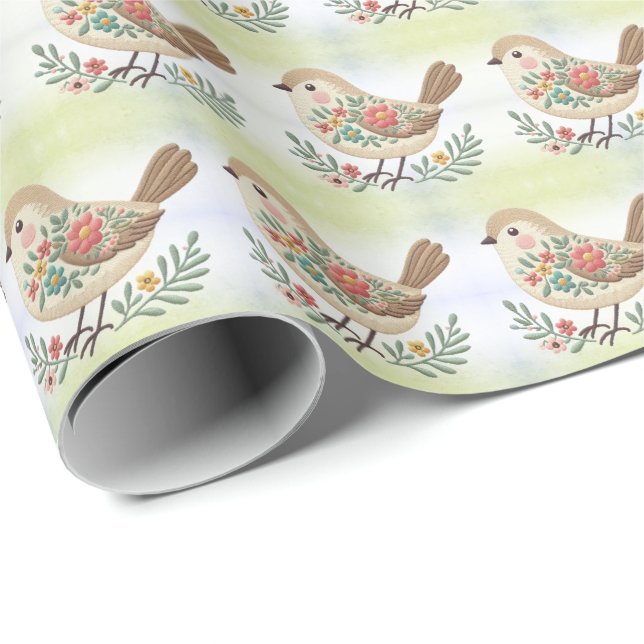Little Bird Floral Gold Wrapping Paper Geschenkpapier (Rolleneckpunkt)
