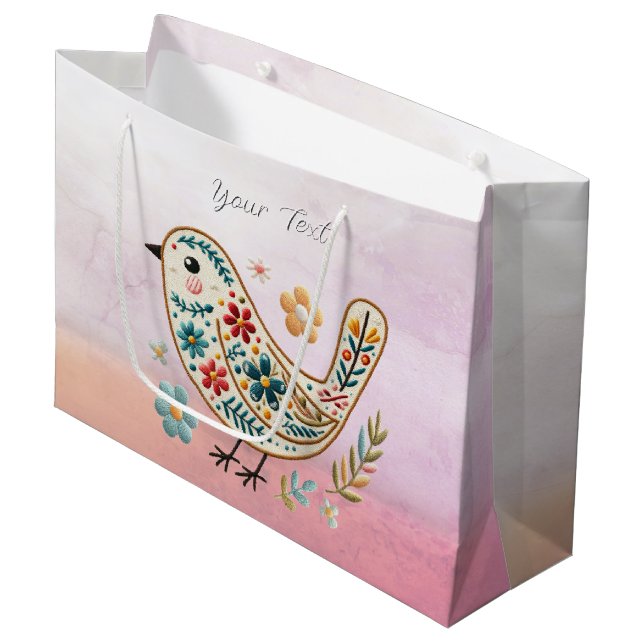 Little Bird Floral Pink Gift Bag Große Geschenktüte (Vorderseite Schrägansicht)
