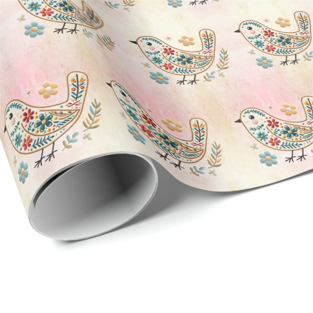 Little Bird Floral Pink Wrapping Paper Geschenkpapier (Rolleneckpunkt)