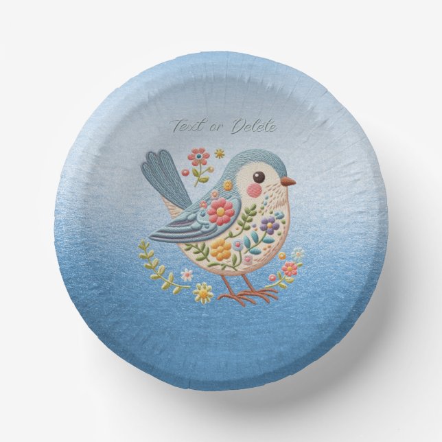 Little Bird Floral Stickerei Blue Paper Bowl Pappteller (Vorderseite)