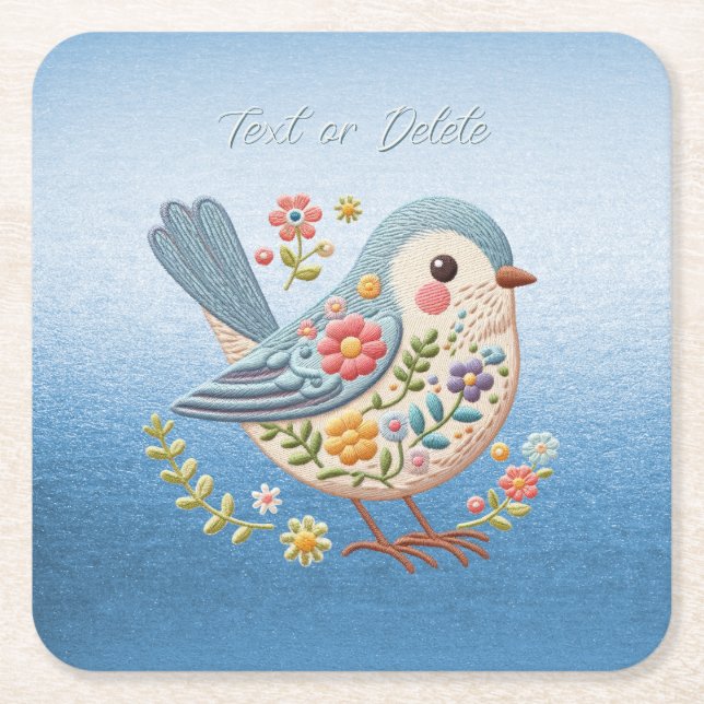 Little Bird Floral Stickerei Blue Paper Untersetze Rechteckiger Pappuntersetzer (Vorderseite)