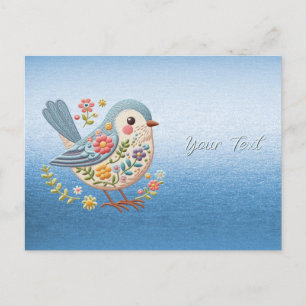 Little Bird Floral Stickerei Blue Postcard Postkarte