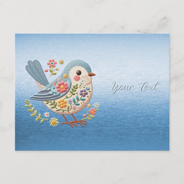 Little Bird Floral Stickerei Blue Postcard Postkarte (Vorderseite)
