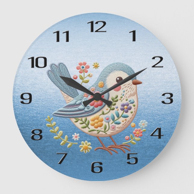Little Bird Floral Stickerei Blue Wall Clock Große Wanduhr (Vorderseite)