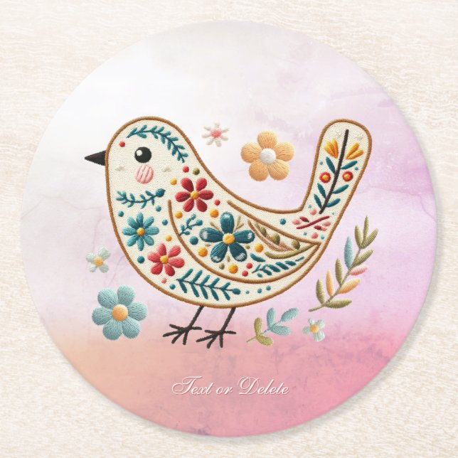 Little Bird Floral Stickerei Pink Paper Untersetze Runder Pappuntersetzer (Vorderseite)