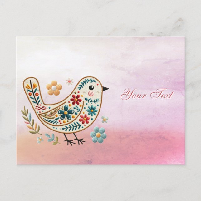 Little Bird Floral Stickerei Pink Postcard Postkarte (Vorderseite)