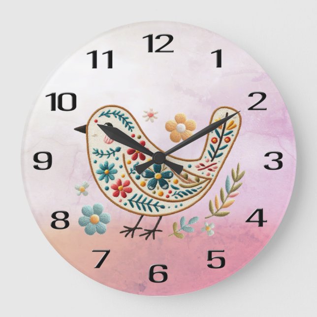 Little Bird Floral Stickerei Pink Wall Clock Große Wanduhr (Vorderseite)