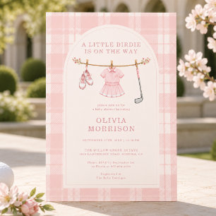 Little Birdie Golf Rosa Mädchen Kariert Baby Showe Einladung