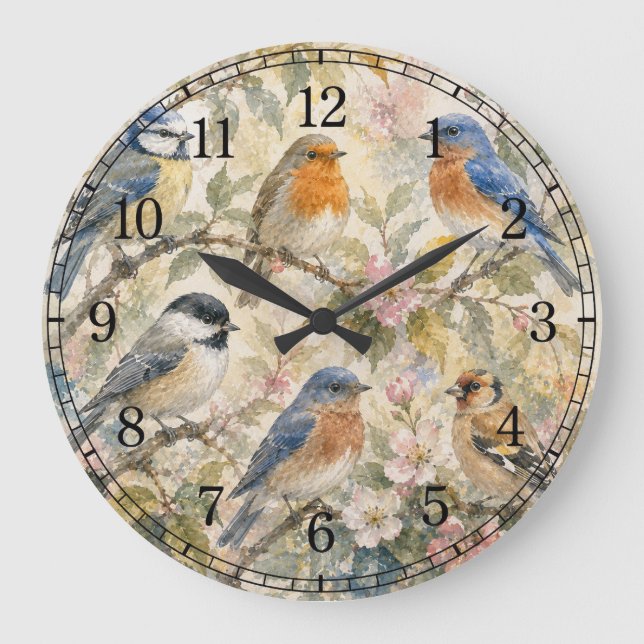 Little Birds Wall Clock — Charming Nature Design Große Wanduhr (Vorderseite)